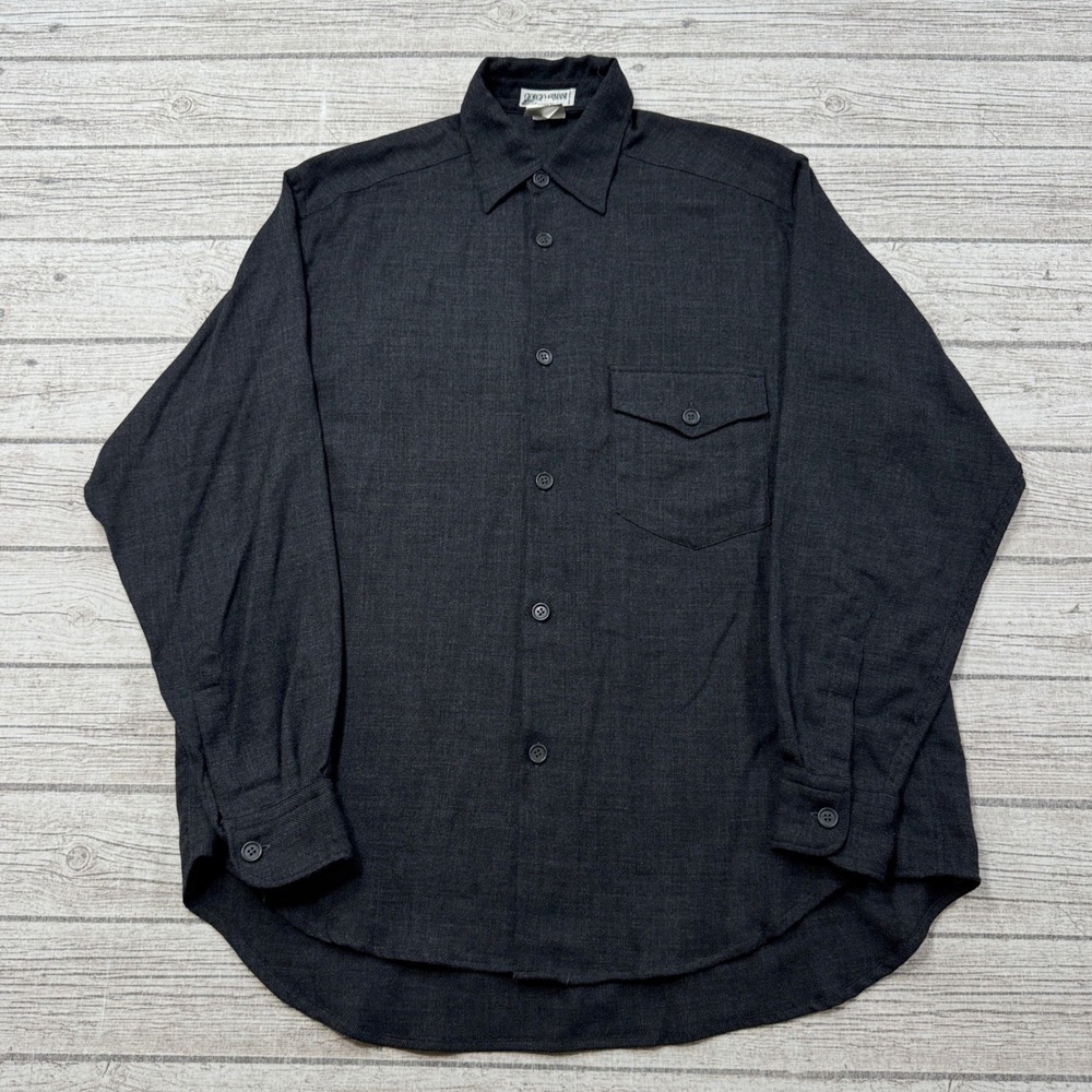 Vintage Giorgio Armani Shirt Men's 15/38 Charcoal Gray Button Down 100% Wool